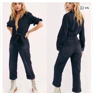 Free people Women's Black Denim “Charlie” Utility Jumpsuit with Zip Front 4